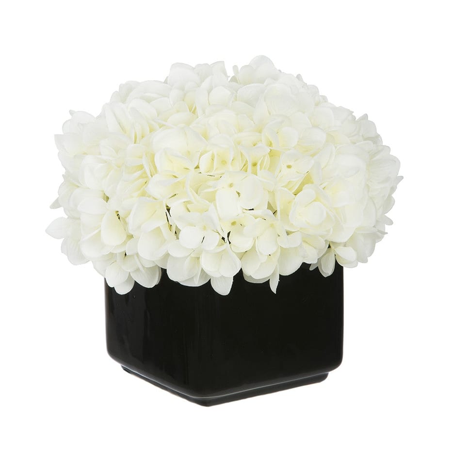 Faux Hydrangea in Small Black Cube Ceramic Vase