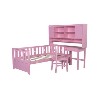 Platform Bed Sets, Twin Bed with Desk and Chair, Natural Pink