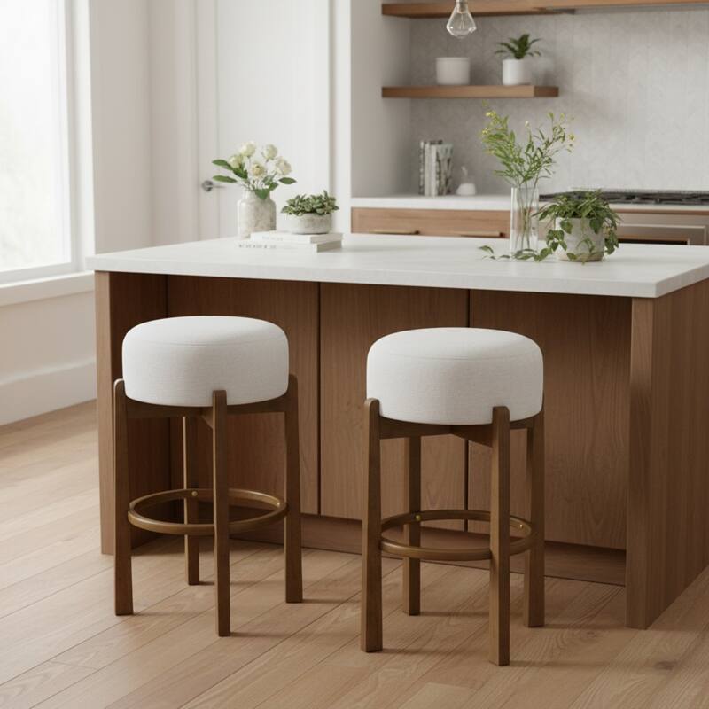Roomfitters Vera Indoor Wooden Barstools with Round Ivory Seat, Dark Walnut Finish