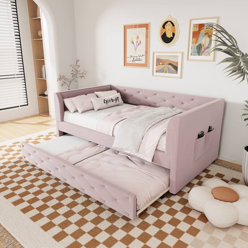 Twin Velvet Tufted Daybed with Trundle & Storage - 400LB Capacity - Pink