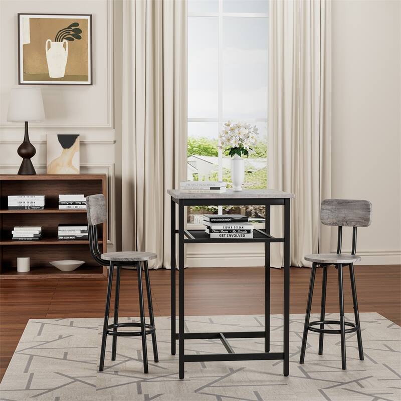 Bar Table,Equipped with 2 Bar Stools ,with Backrest and Partition - Grey