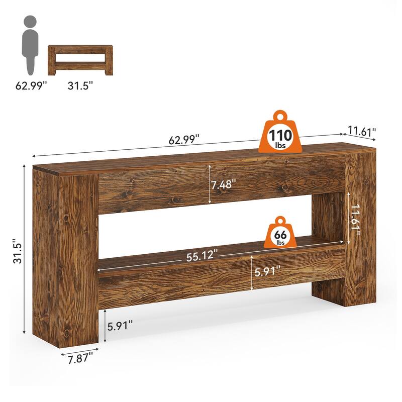 63" Solid Wood Console Table, Farmhouse Entryway Table with Storage - 11.61" D x 63" W x 31.5" H