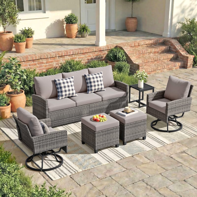 6-Piece Wicker Patio Conversation Set with Swivel Chairs - Gray