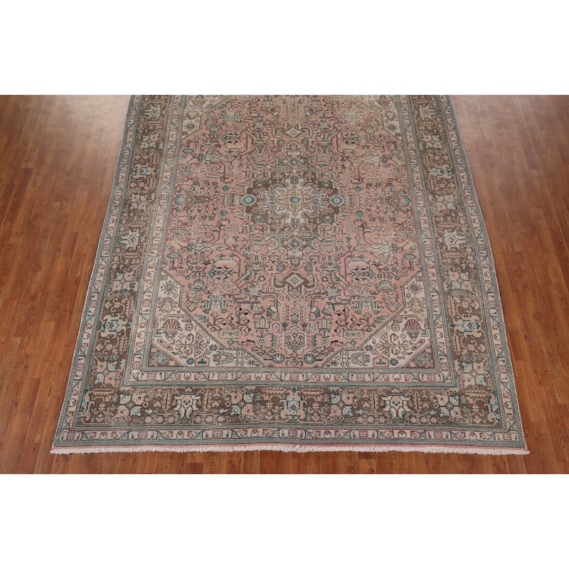 Distressed Tabriz Persian Vintage Rug Hand-Knotted Pink Wool Carpet - 8'2" x 11'1"