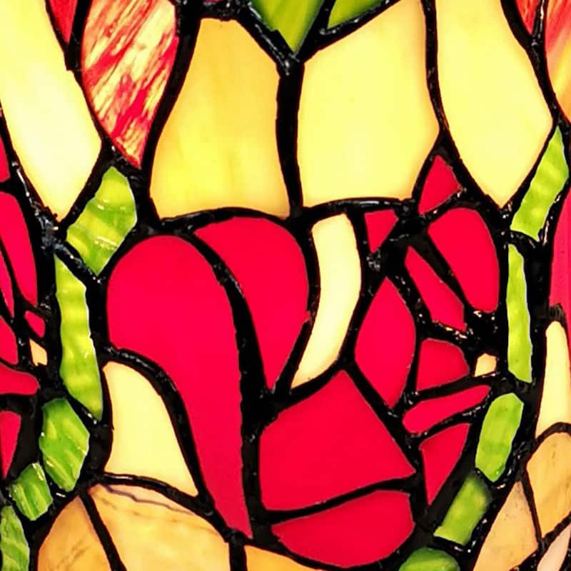 HomeRoots 14" Red Green and Black Floral Stained Glass Accent Lamp - 8