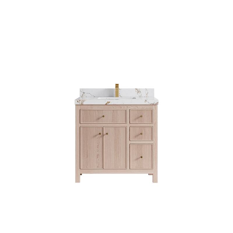 Willow Collections 36 x 22 Sonoma Oak Wood Center Sink Left Bathroom Vanity with Quartz or Marble Countertop