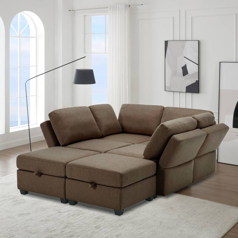 Modern Modular 6 Seat Upholstered Sectional Sofa with Storage, Adjustable Arm, Brown