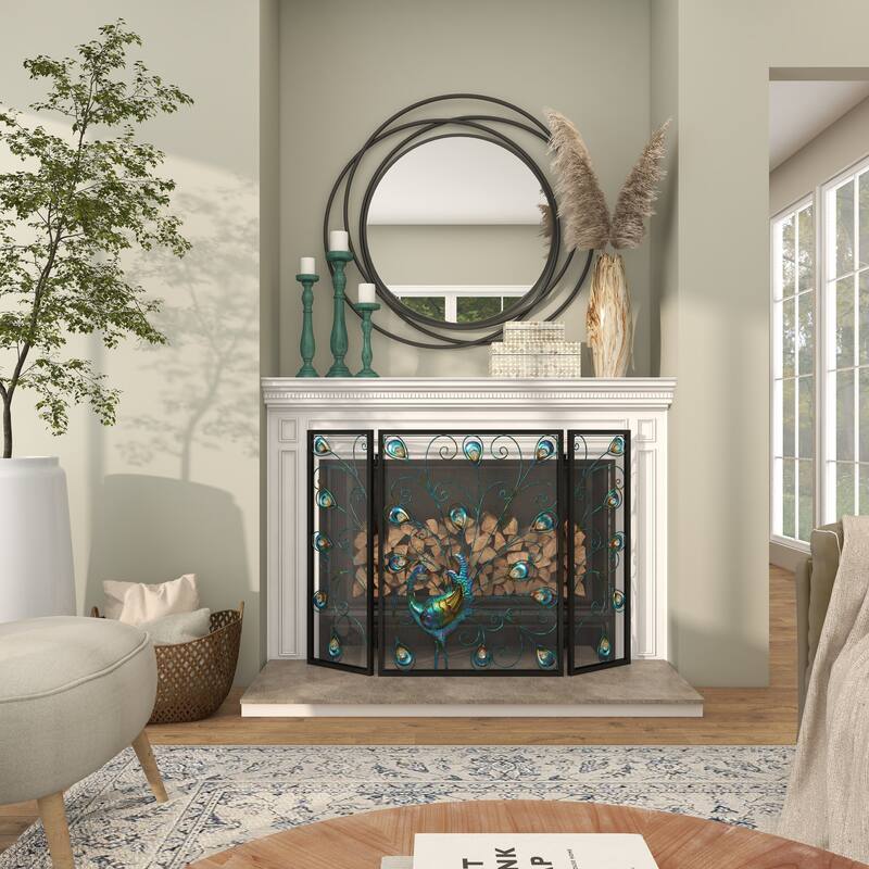 Blue Metal Rainbow 3 Panel Peacock Fireplace Screen with Crystal Accents and Black Frame