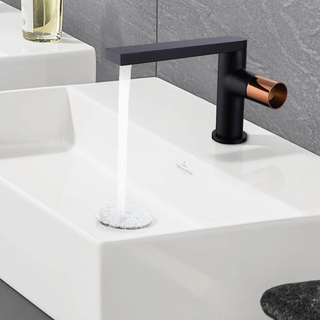 Single Handle Single hole Bathroom Basin Faucet,Matte Black body and Rose Gold handles