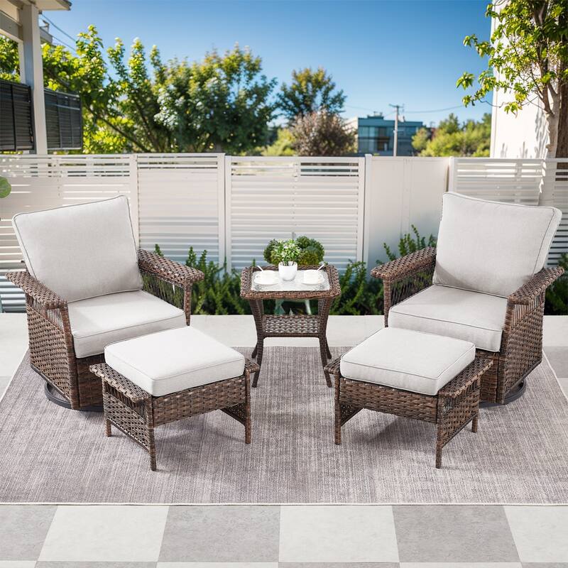 Pocassy Outdoor Swivel Chairs with Sofa Chair Ottoman and Table Set - Brown Wicker Beige Cushion - 5-Piece Swivel Chair Ottoman with Side Table