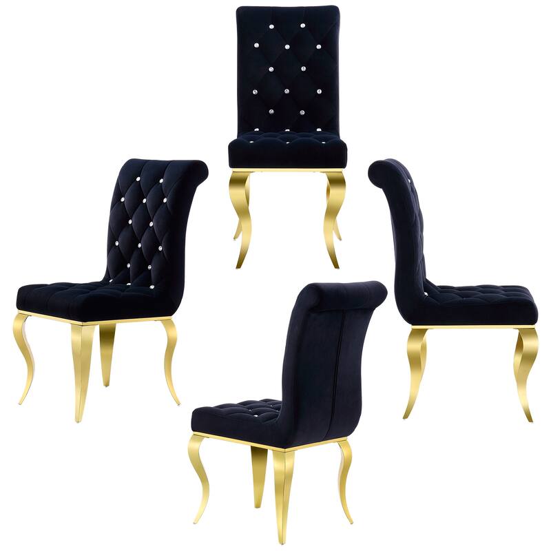 Luxury Black Velvet Upholstered Dining Chairs with Polished Gold Legs - Set of 4