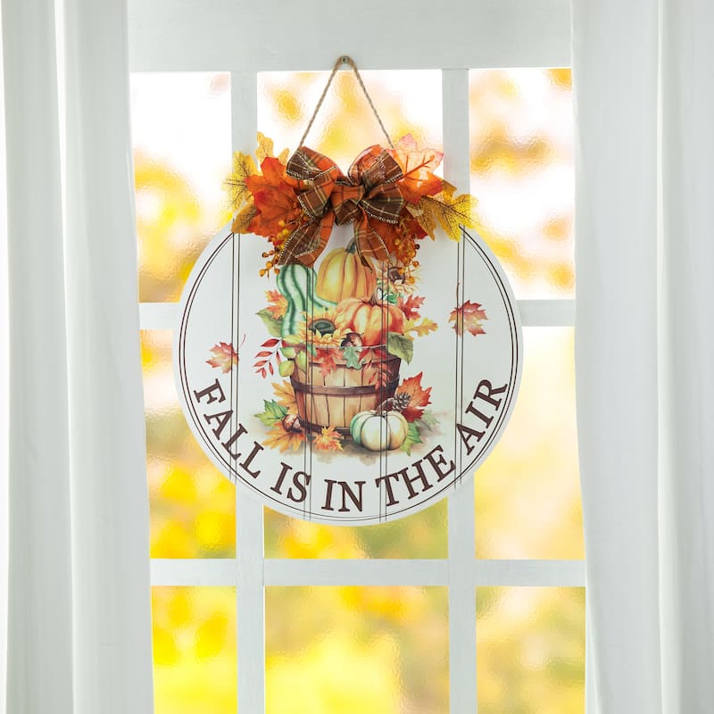 Glitzhome 15"D Hello Fall Wooden Pumpkins Word Sign with Floral Door Hanger