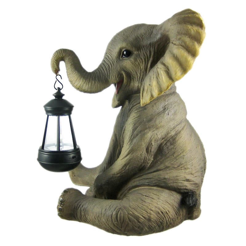 Cute African Elephant Porch / Garden Statue With Lantern - 13.5 X 14.5 X 10 inches