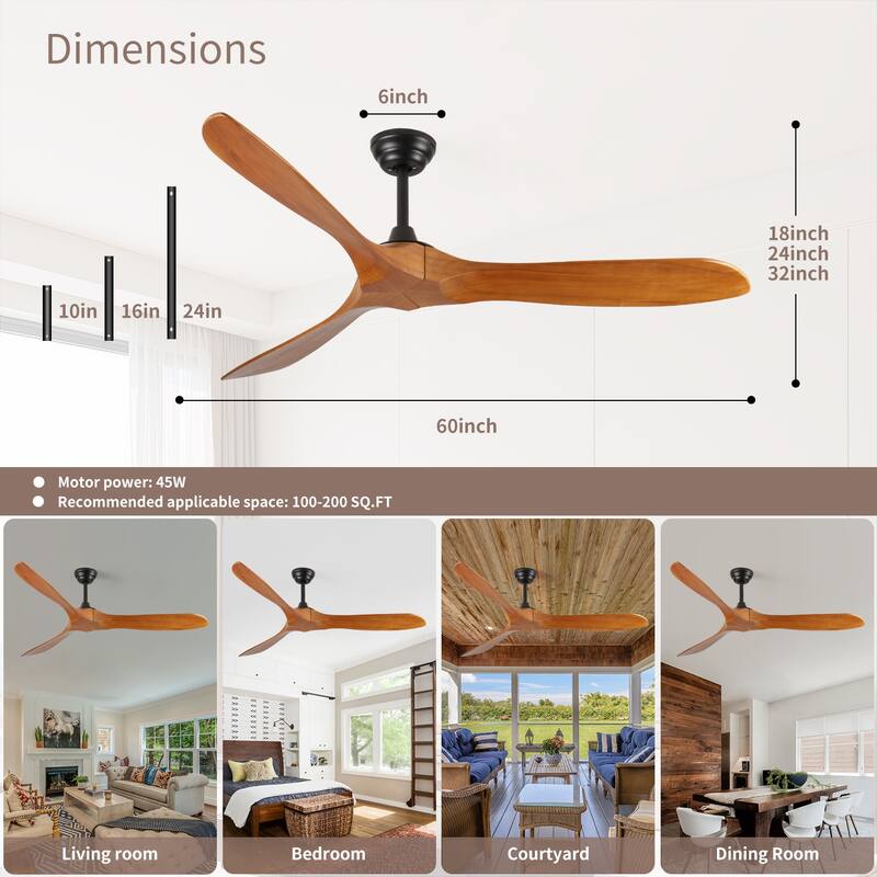 60 in. Indoor Farmhouse Black Wood Ceiling Fan with Remote Control for Living Room or Patio