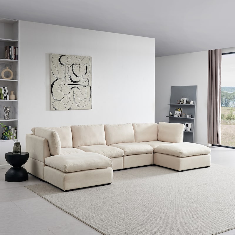Modular Sofa with Ottoman,Filled with Down ,Soft Linen Fabric - Bed ...