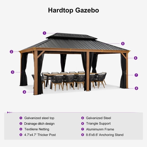 PURPLE LEAF Hardtop Gazebo Galvanized Steel Roof Gazebo Pergola w Wooden  Coated Alumninum Frame and Mosquito Net - On Sale - Bed Bath & Beyond -  37421781