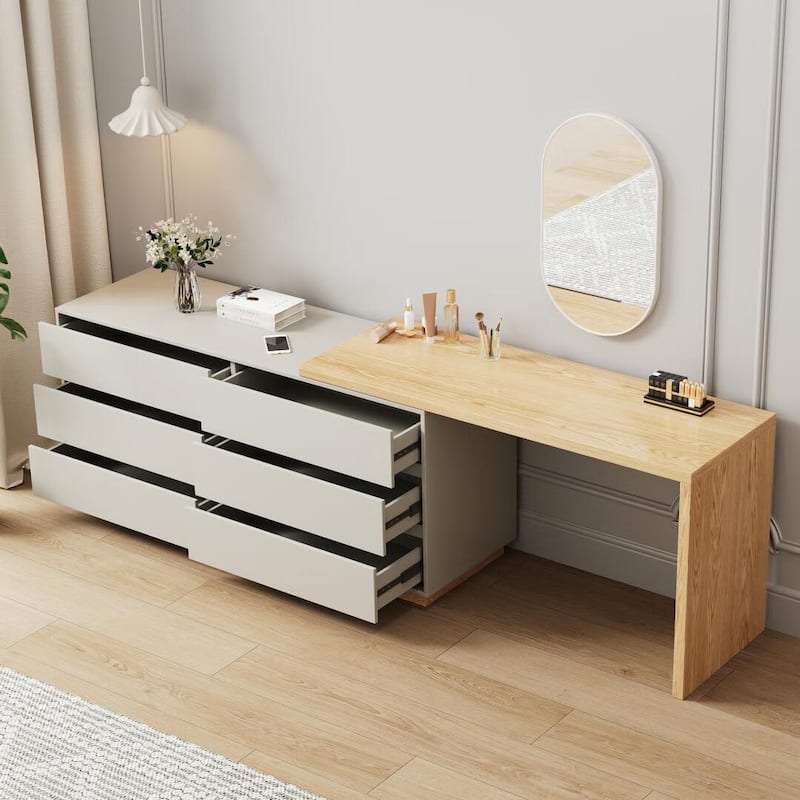 55.2 Inch White Corner L-Shaped Dressing Table with 6 Drawers Perfect for Bedrooms or Study Rooms