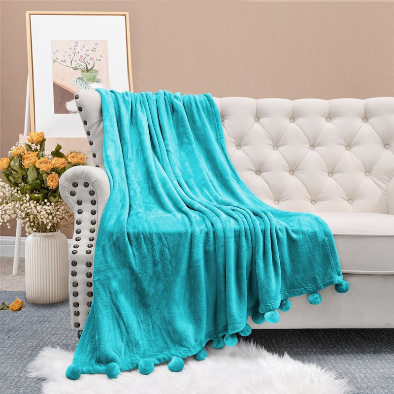 Pompom Flannel Fleece Throw - Baltic Blue