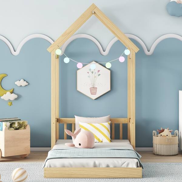 slide 2 of 6, Twin House-shaped Roof Headboard Floor Bed,,(without slats) Natural