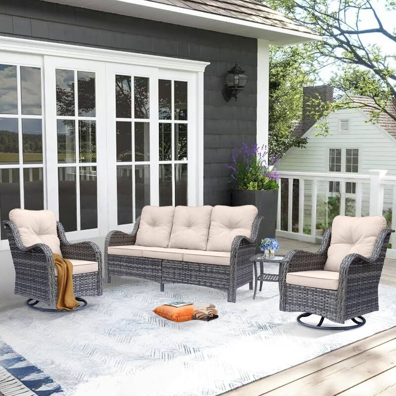 Outdoor Wicker Patio Conversation Seating Sofa Sets with Swivel Chairs - 4 Piece - Beige/Gray Wicker