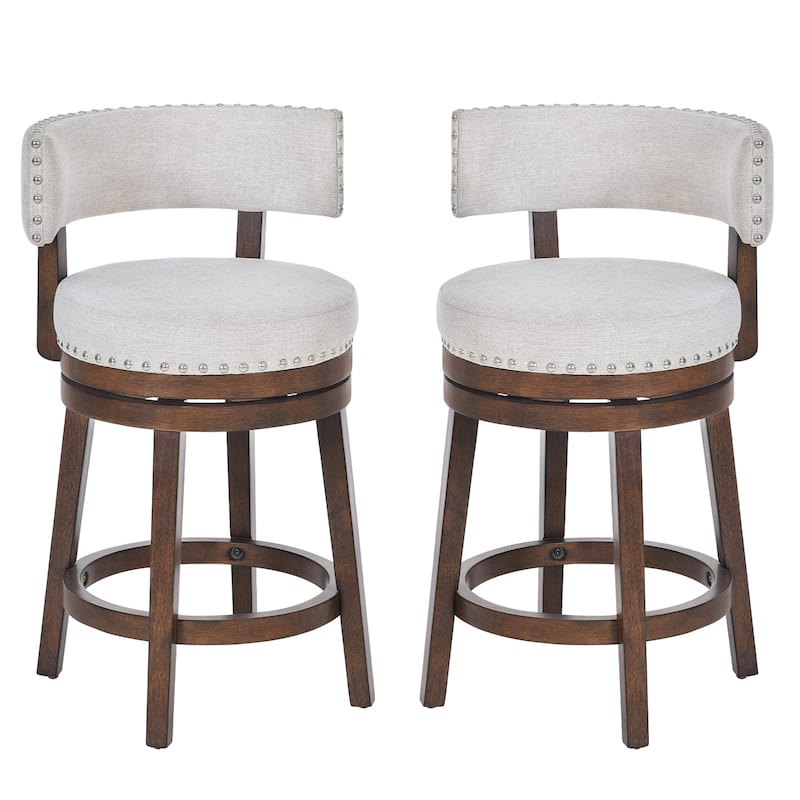 Modern Velvet Swivel Bar Stool - 25" or 30" Counter Height with Adjustable Footrest & Walnut Base, for Kitchen Islands - Set of 2 - Beige - Counter Height