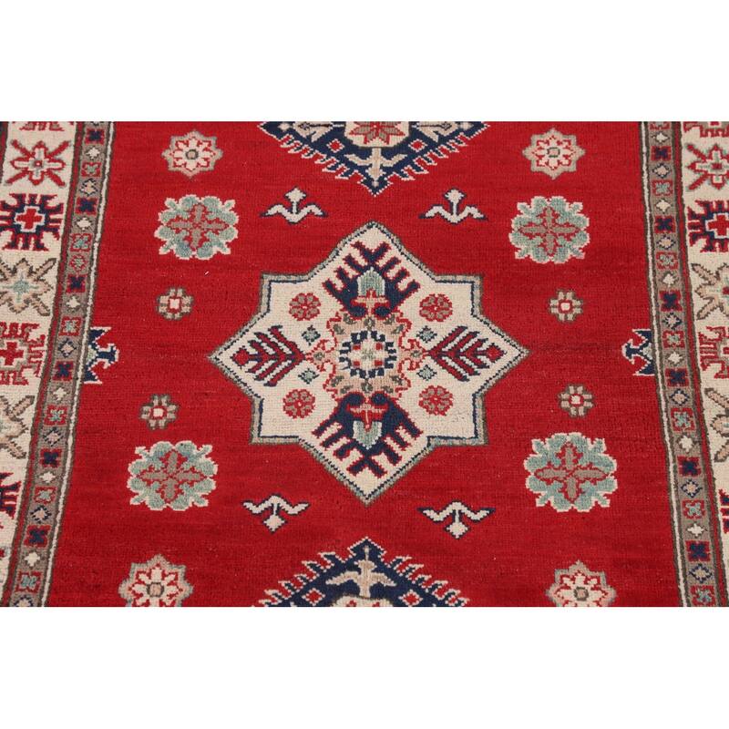 Kazak Accent Rug Hand-Knotted Red Geometric Wool Carpet - 3'4" x 5'0"