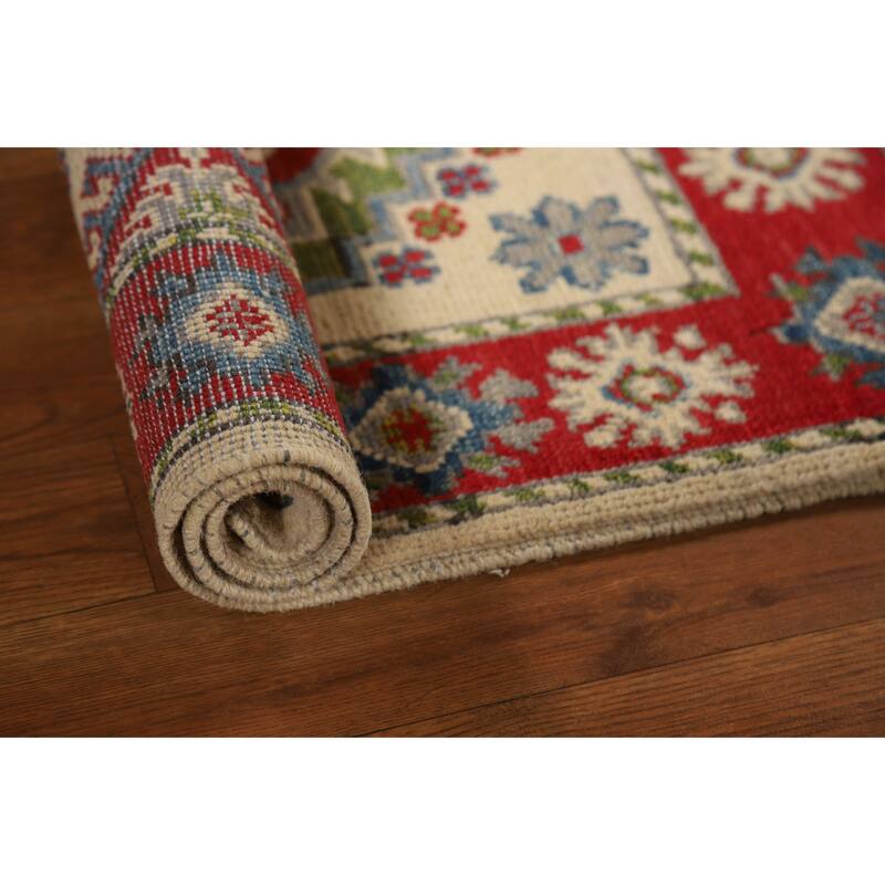 Ivory & Red Geometric Kazak Oriental Foyer Rug Handmade Wool Carpet - 2'0"x 3'0"
