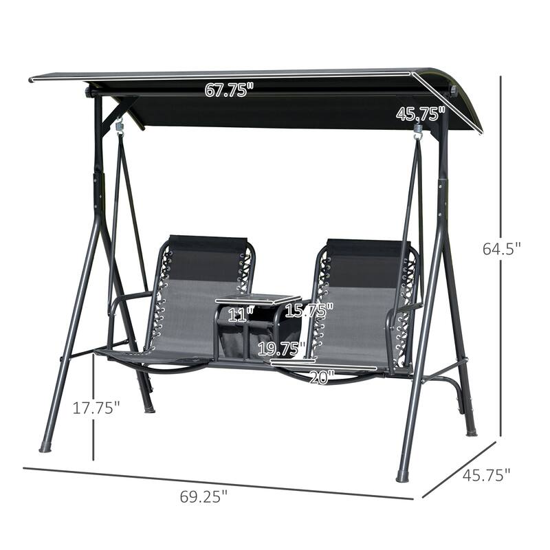 2-Seat Patio Swing Chair, Outdoor Canopy Swing Glider with Pivot Storage Table, Cup Holder, Adjustable Shade, Steel Frame