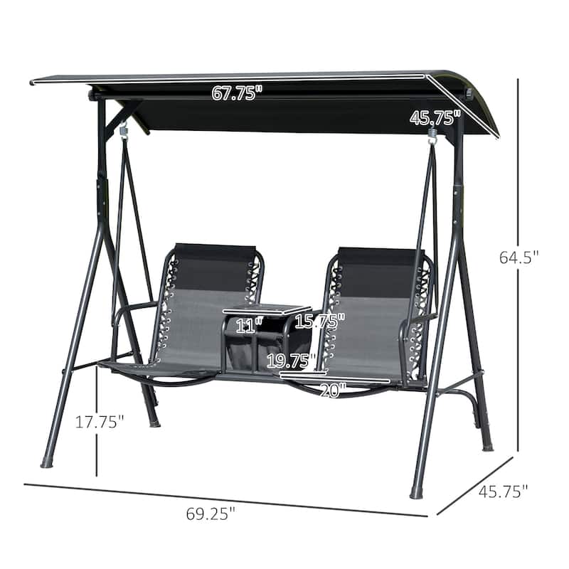 Outsunny 2 Person Front Porch Swing Chair with Cup Holder and Center Compartment, Outdoor Patio Swing with Adjustable Comfort