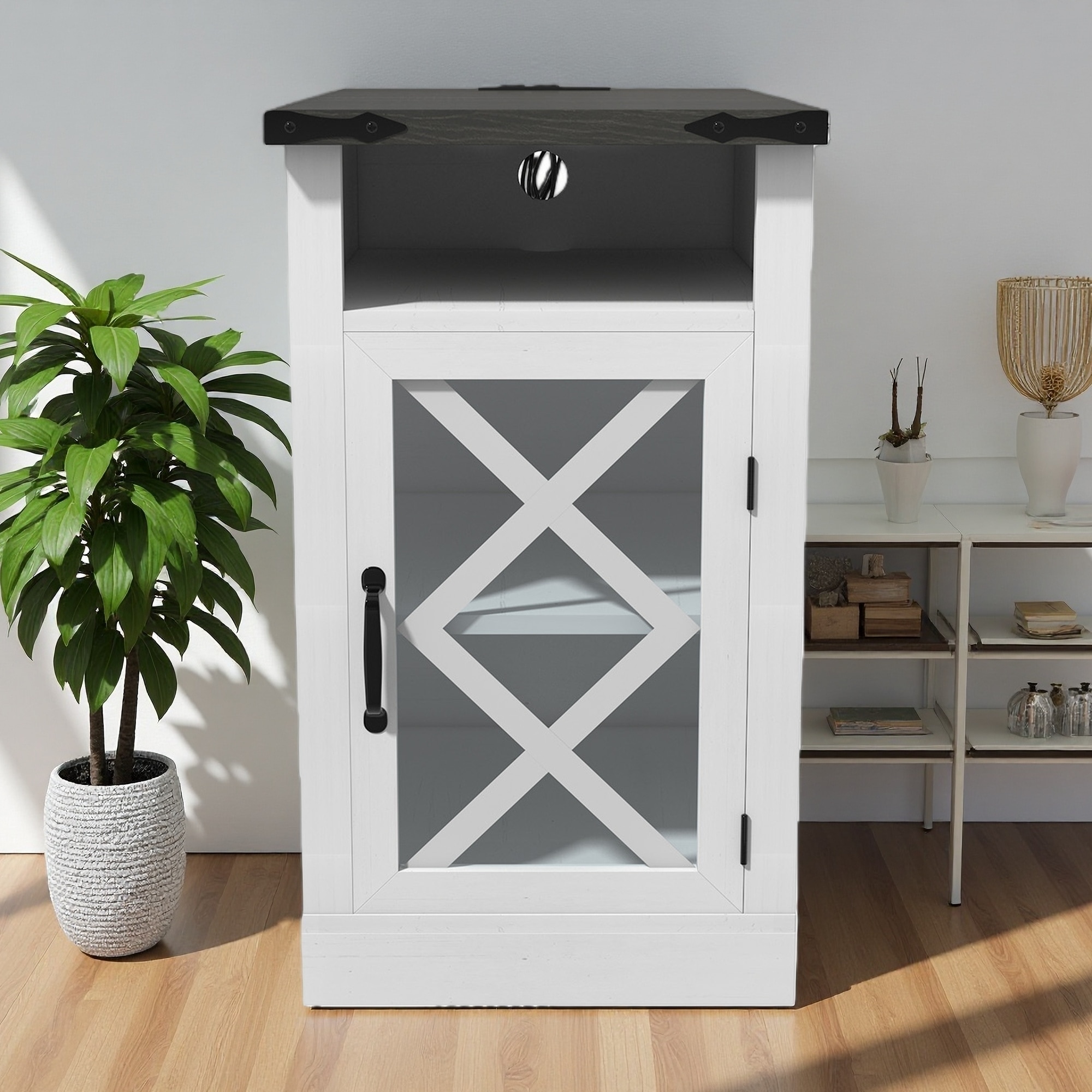 15.4"L Rustic Wooden Nightstand with Barn Door, Adjustable Shelf, and Charging Station, End Table for Living Room and Bedroom