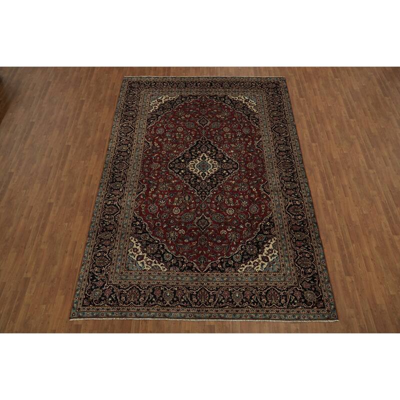 Hand Knotted Oriental 100% Wool Carpet Traditional Floral Red Kashan Area Rug - 13' 3'' X 9' 0''