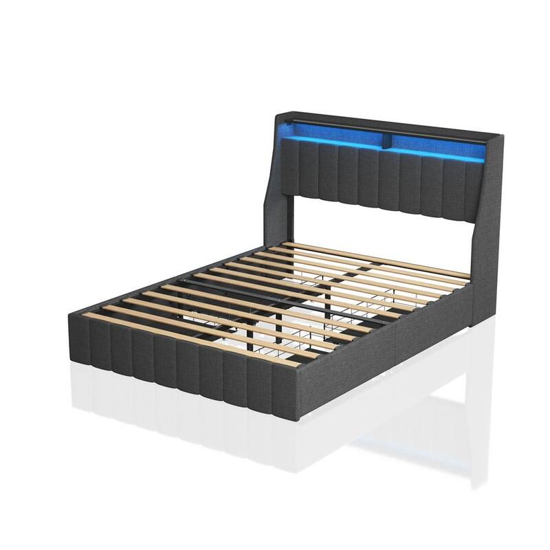 Bed Frame with LED, 4 Under-bed Portable Storage Drawers, Wings Headboard - Grey - Queen