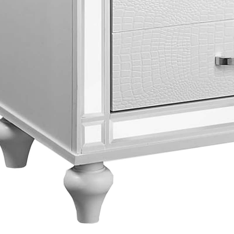 Reya 29 Inch Nightstand, Classic White, Textured Panels, Mirrored Trim