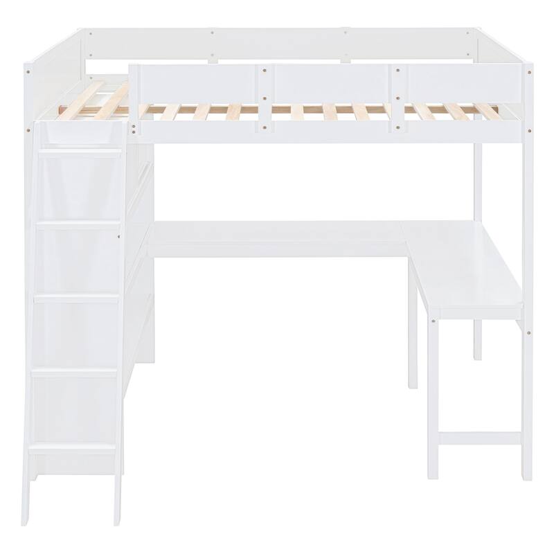 Full Size Loft Bed with Desk and Shelves in White/Gray