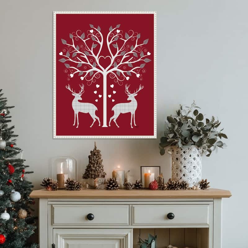 Christmas Des Deer and Heart Tree Grey on Red by Fab Funky (23 x 28 in.), Framed Canvas Wall Art Print - Sylvie Beaded White