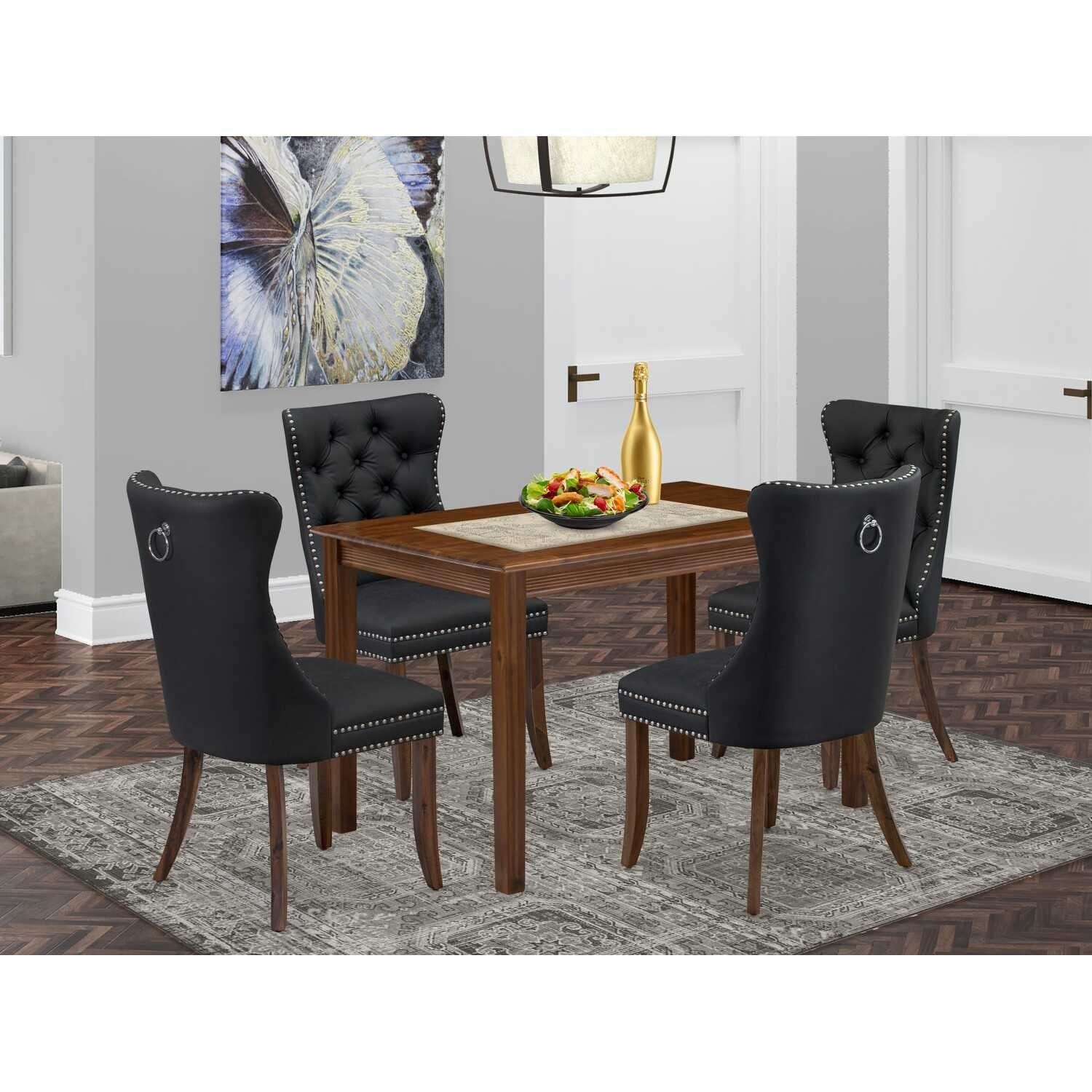 HomeStock 5-Piece Antique Walnut Finish Solid Wood Top - Rectangular Upholstered Dining Room Set - Seats 4