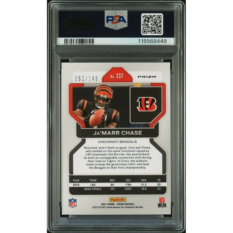 Ja'Marr Chase 2021 Panini Prizm Orange Signed Football Rookie Card #337 Graded PSA 9 Auto 10 52/249 Cert # 115568449 - 8' x 11'