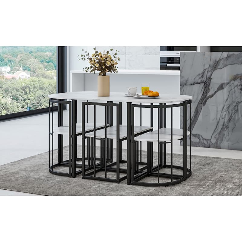 Roomfitters Modern 7-Piece Dining Table Set, 55" Faux Marble Kitchen Table with 6 Space-Saving Metal Chairs for 6