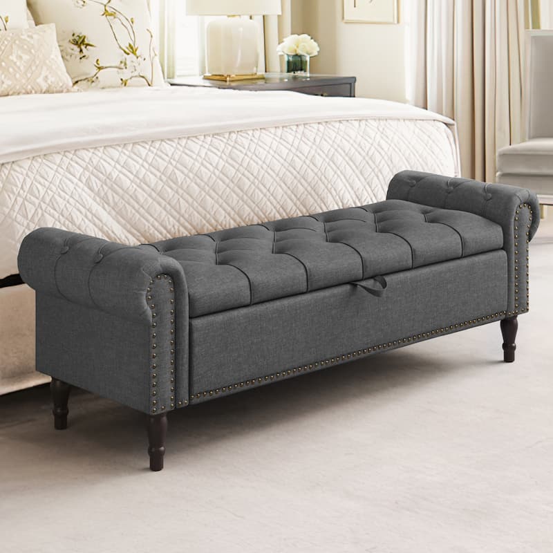Modern Velvet Upholstered Storage Bench with Silver Nailhead Trim - 63" W X 20" D X 21" H - Dark Grey/63"