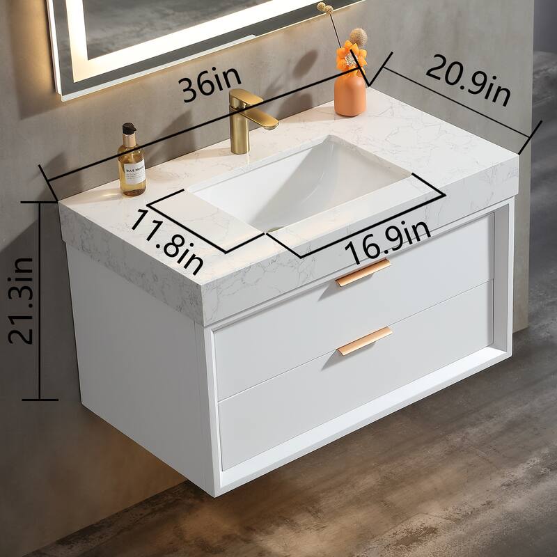 36/48/60 Modern Floating Bathroom Vanity with Sinle/Double Sink & Soft-Close Drawers & LED Lighting & Waterproof, White
