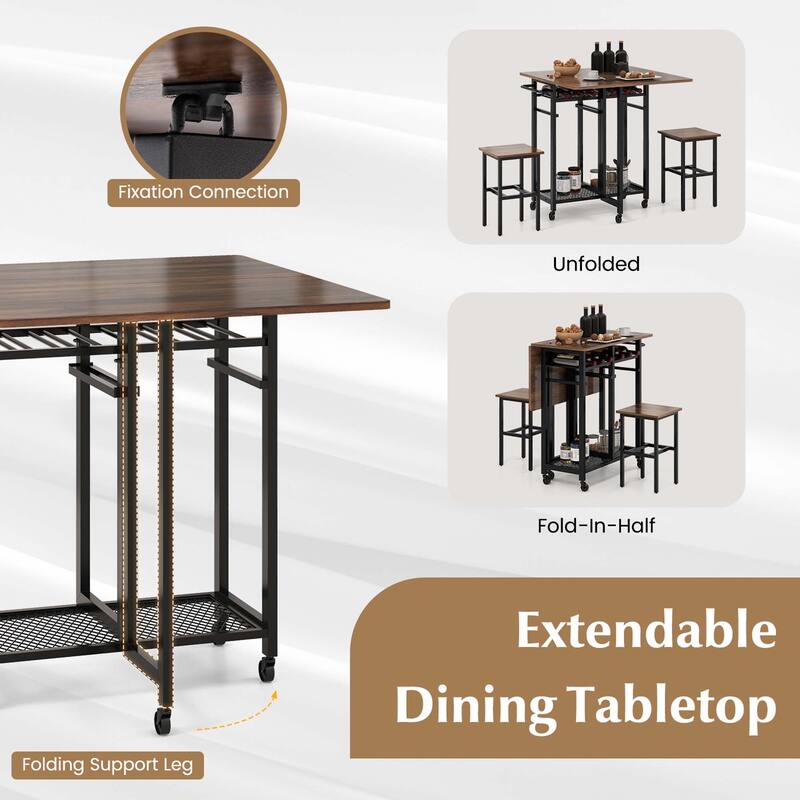 Costway 3 PCS Rolling Dining Table Set Extendable Kitchen Table 2