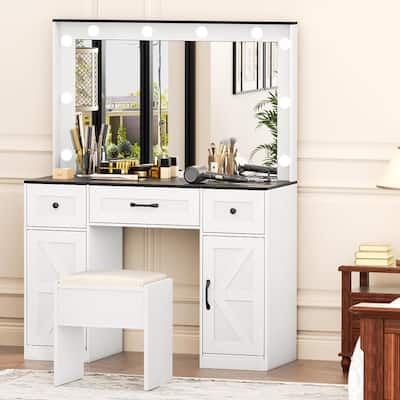 43.3'' Wide Makeup Vanity Dressing With Lighted Mirror and Stool