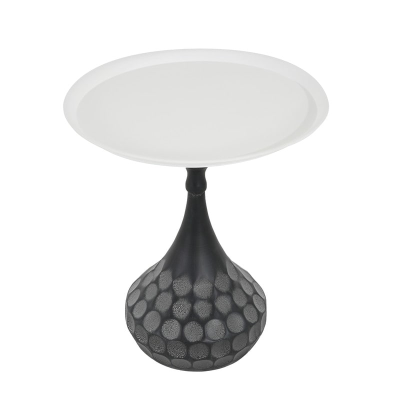 Accent Metal Coffee Table with Hand-Hammered Texture, White and Black Pedestal Table for Living Room