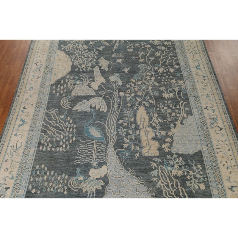 Hand Knotted Oriental 100% Wool Carpet Traditional Floral Greys & Charcoal Art Deco Area Rug - 14' 0'' X 9' 10''