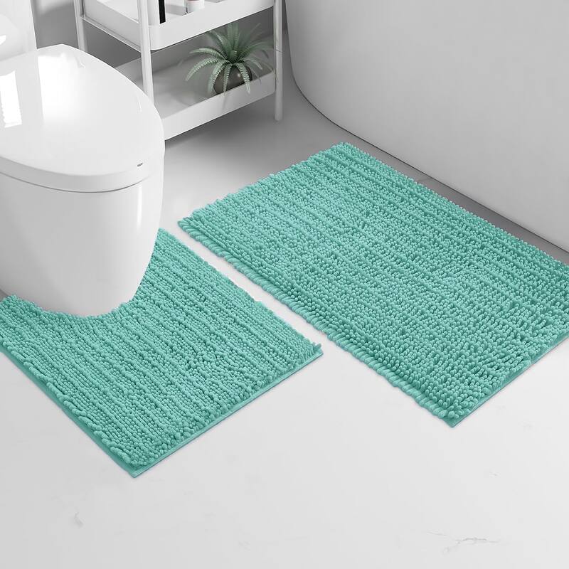 2 Piece Set Blue Soft Cozy Plush Chenille Bath Mat Bathroom Rug - Turquoise - 30"x20" + 20"x20"U