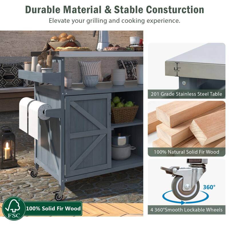 Farmhouse Outdoor Kitchen Island, Rolling Bar Cart & Storage Cabinet with Stainless Steel Top, Spice Rack & Towel Rack