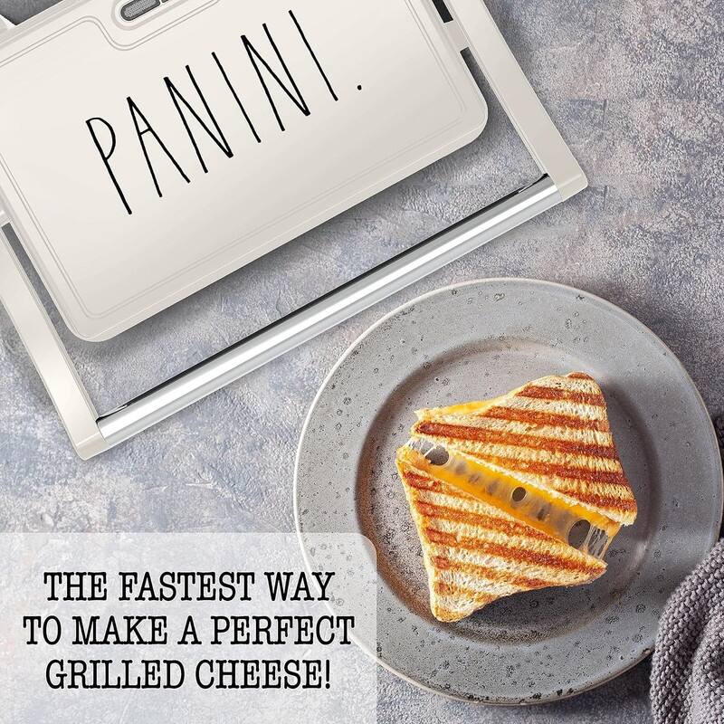 Rae Dunn Panini Maker 750 Watt 2-Slice Press Grill with Indicator Lights Opens 180 Degrees Double Sided Heating Non-stick