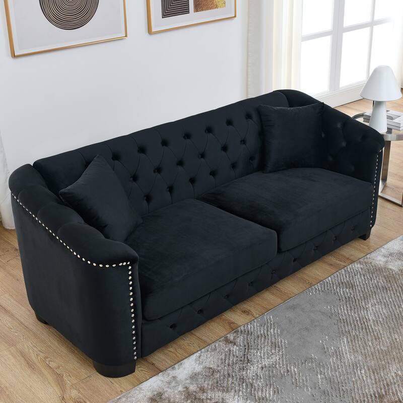 Black 77" Modern Velvet 3-Seater Sofa with Tufted Backrest, Nailhead Trim, and 2 Cushions