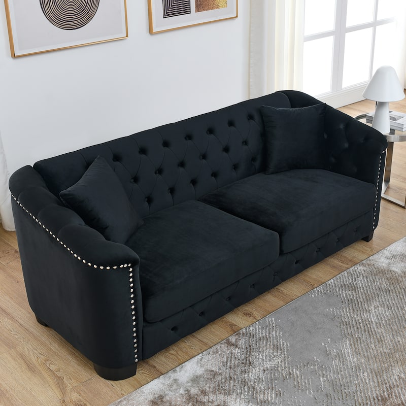 Black 77'' Modern Velvet 3-Seater Sofa with Tufted Backrests and Nailhead Trim