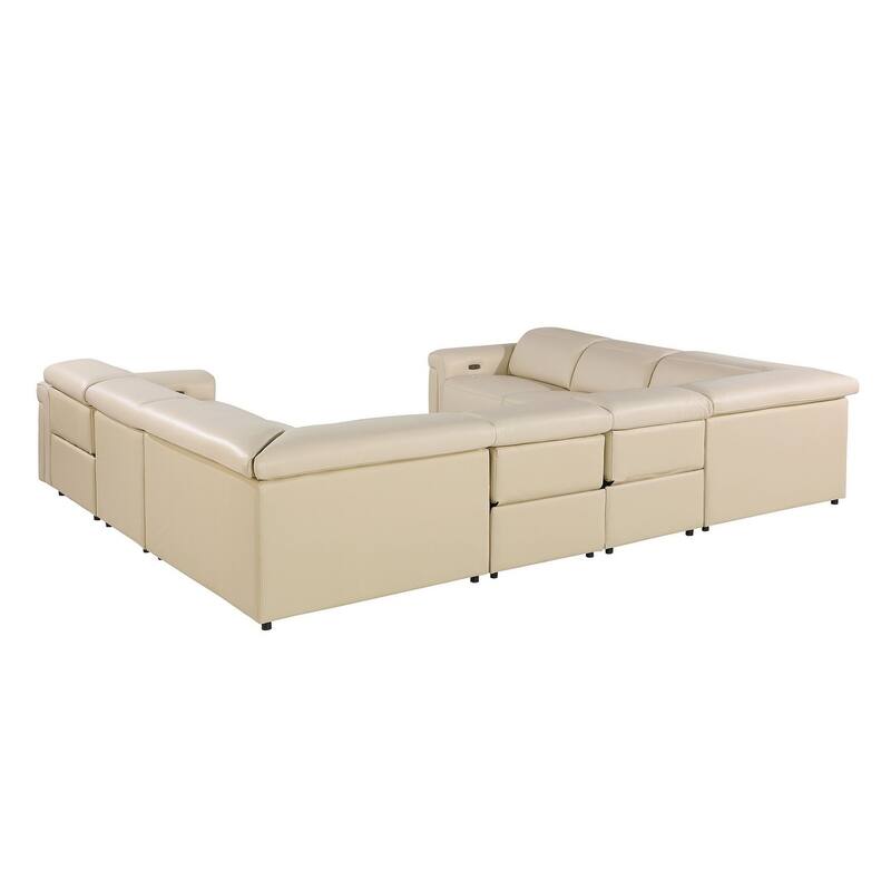 HomeRoots Beige Italian Leather Power Reclining U Shaped Eight Piece Corner Sectional With Console